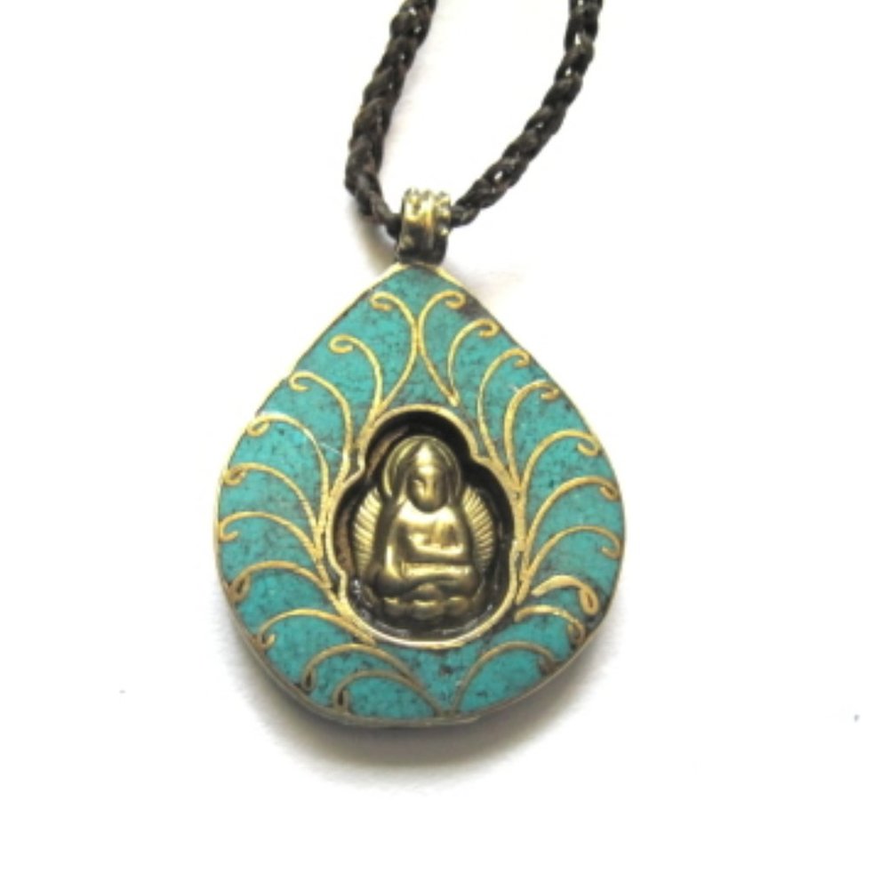 Brass Buddha Turquoise Leather Necklace